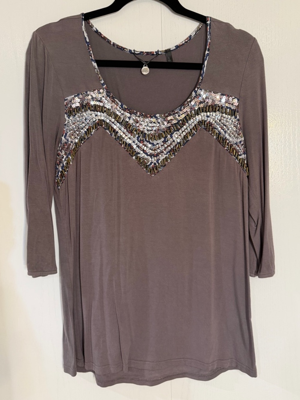 BKE Taupe Long Sleeve Tee with Sequin Chevron